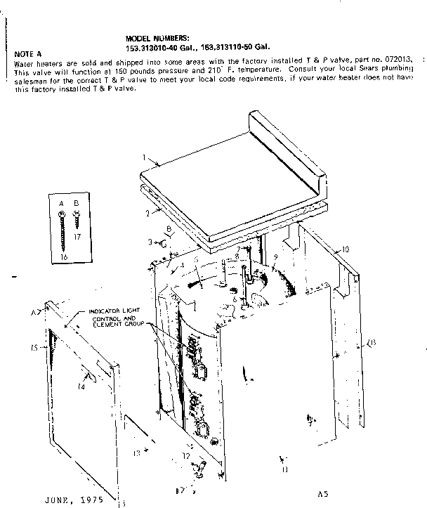 Non-functional Replacement Parts Diagram and Parts List for 153313010  Kenmore Water Heater