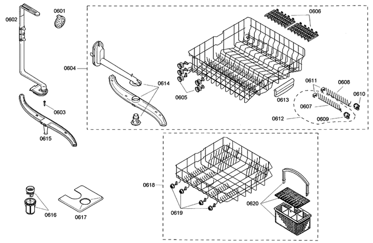 Baskets Diagram and Parts List for SHE44C02UC 38 Bosch Dishwasher