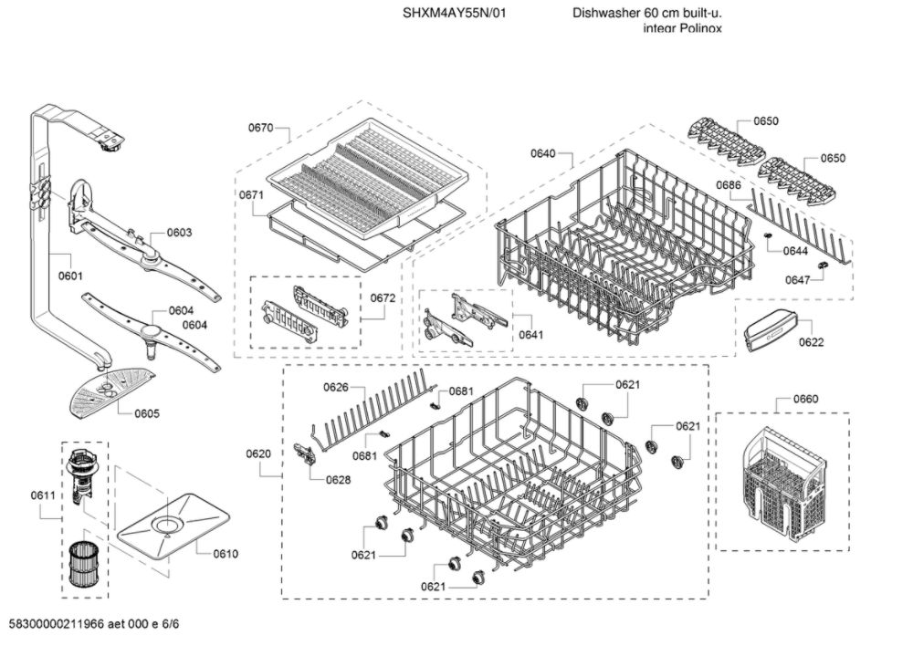 Spray Arms/Dish Racks Diagram and Parts List for SHXM4AY55N 01 Bosch Dishwasher
