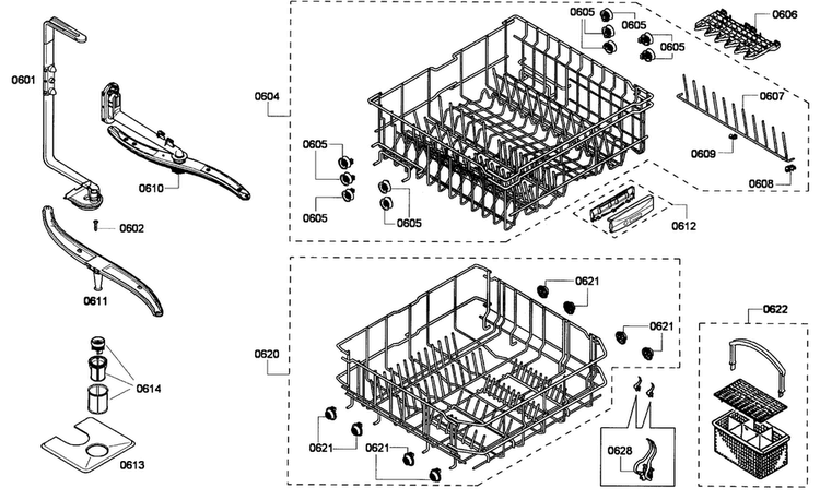 Baskets Diagram and Parts List for SHE33P05UC 56 Bosch Dishwasher