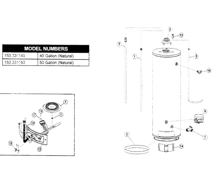 Water Heater Diagram and Parts List for 153331150  Kenmore Water Heater