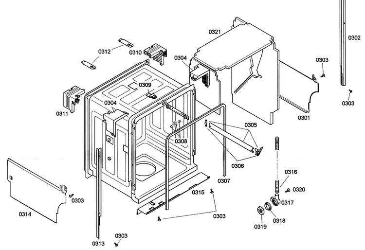 Cabinet Diagram and Parts List for SHE43M06UC 47 Bosch Dishwasher