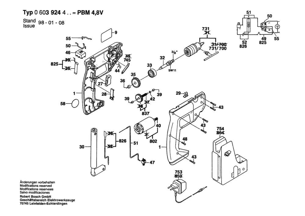 Section 1 Diagram and Parts List for PBM48V 0603924403 Bosch Cordless Drill
