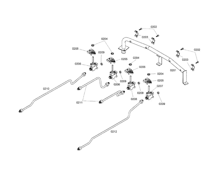 Manifold/valve/tubing Diagram and Parts List for NGP742UC 01 Bosch Cooktop