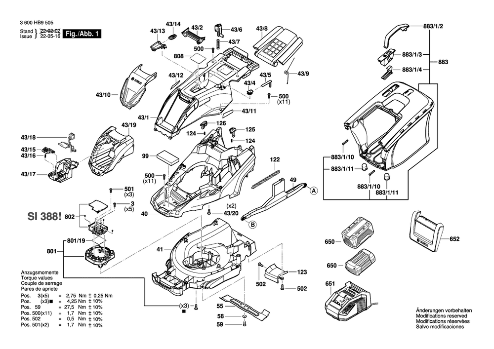 Diagram 1 Diagram and Parts List for 3600HB9505  Bosch Lawn Mower