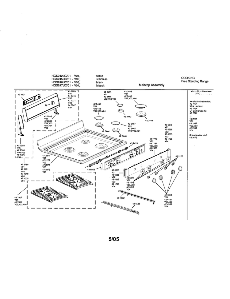 Maintop Assembly Diagram and Parts List for HGS247UC 01 Bosch Range