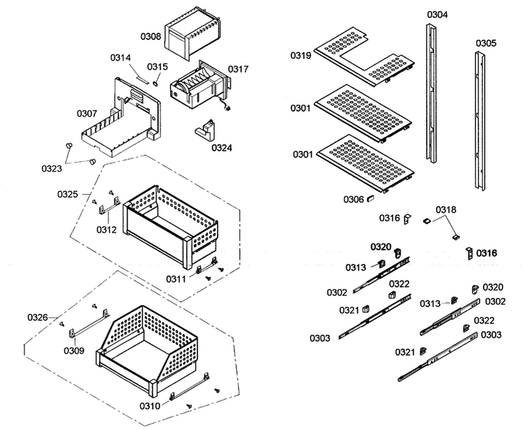 Drawers Assy Diagram and Parts List for B24ID80NLP 01 Bosch Freezer