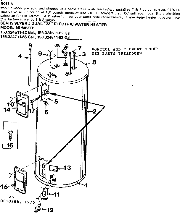 Non-functional Replacement Parts Diagram and Parts List for 153324511  Kenmore Water Heater