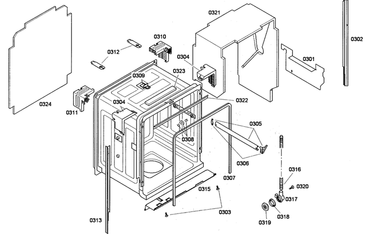 Cabinet Diagram and Parts List for SHE65P05UC 53 Bosch Dishwasher