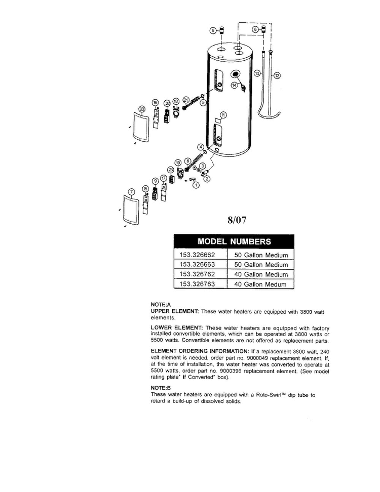 Water Heater Diagram and Parts List for 153326662  Kenmore Water Heater