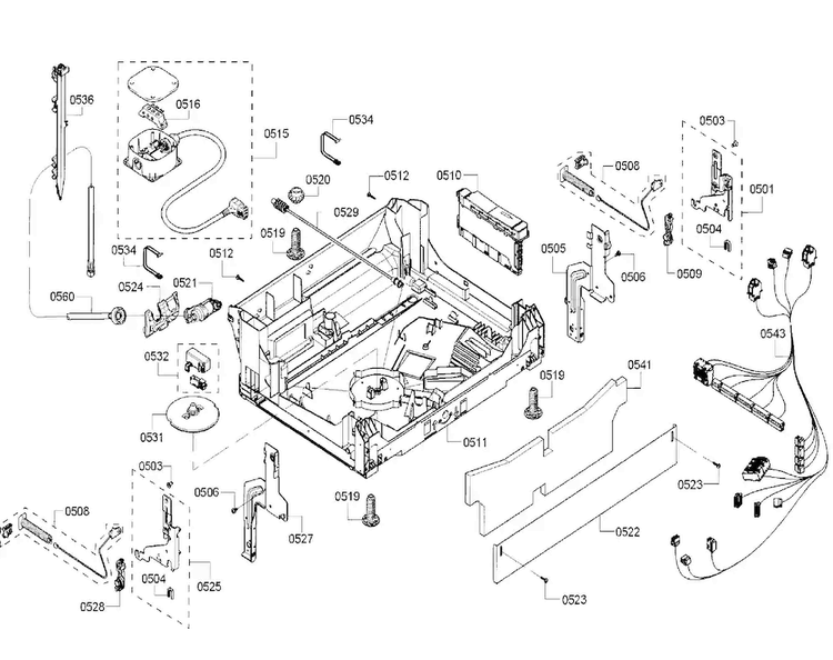 Base Diagram and Parts List for SHE53TF6UC 01 Bosch Dishwasher