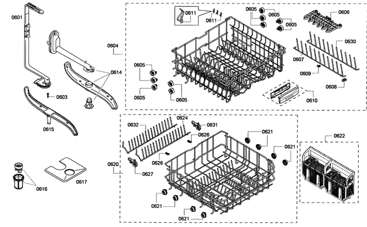 Baskets Assy Diagram and Parts List for SHX45P01UC 53 Bosch Dishwasher