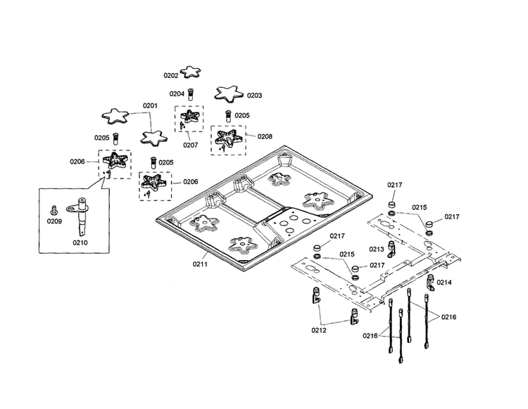 Cooktop Diagram and Parts List for SGS304FS 02 Thermador Cooktop