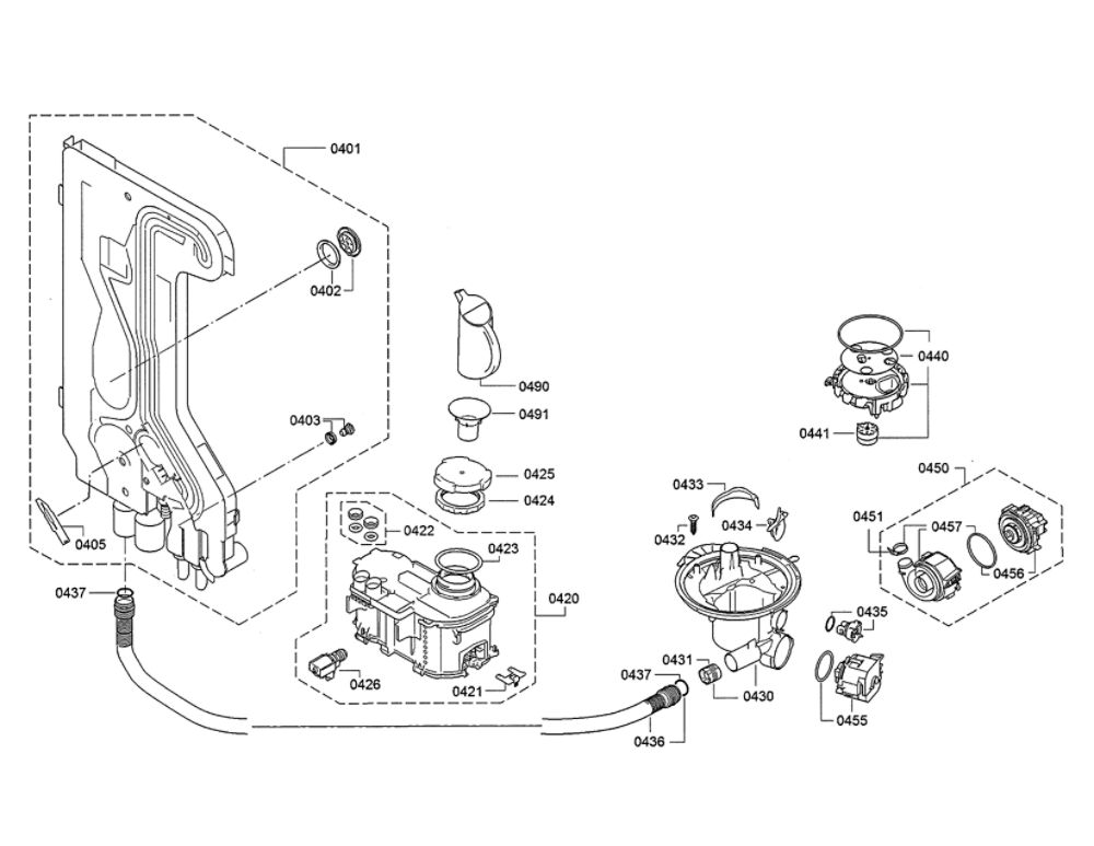Water Inlet And Softener/Heat Pump Diagram and Parts List for DWHD640JFP D7 Thermador Dishwasher