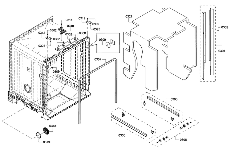 Frame Diagram and Parts List for SHE3AR56UC 18 Bosch Dishwasher