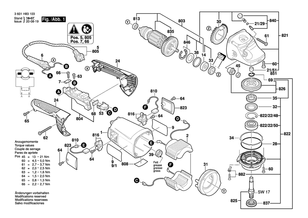 Diagram 1 Diagram and Parts List for GWS24-230H 3 601 H84 L02 Bosch Angle Grinder