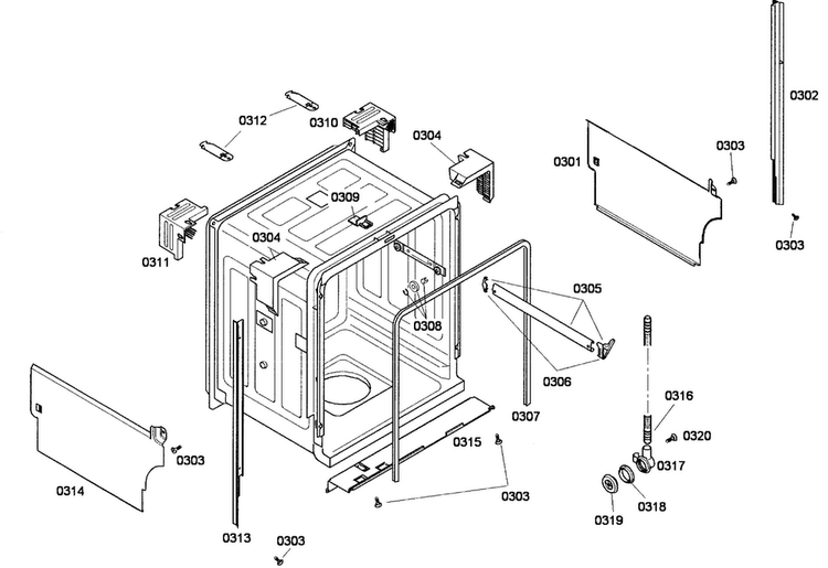 Cabinet Diagram and Parts List for SHE43F02UC 48 Bosch Dishwasher