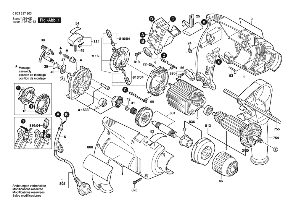 Section 1 Diagram and Parts List for PSB450RE 0603337803 Bosch Hammer Drill