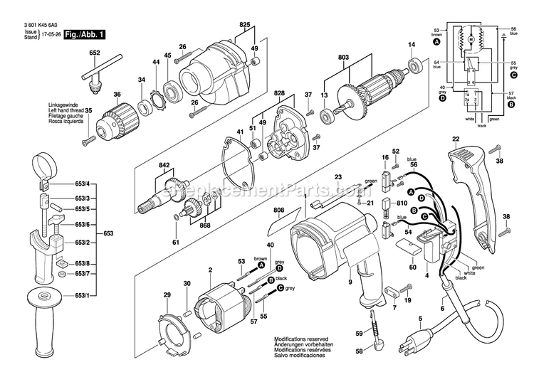 Page 1 Diagram and Parts List for 1013VSR 3601K456A0 Bosch Cordless Drill