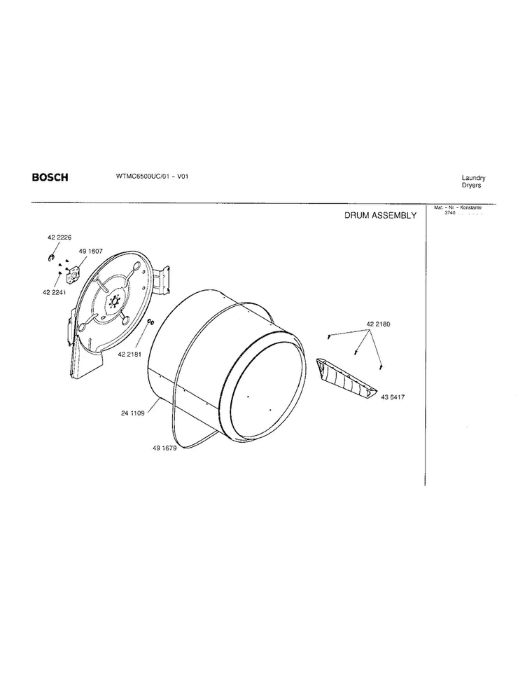 Drum Assembly Diagram and Parts List for WTMC6500UC 01 Bosch Dryer