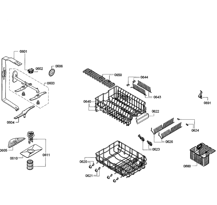 Basket Assy Diagram and Parts List for SPX5ES55UC 23 Bosch Dishwasher