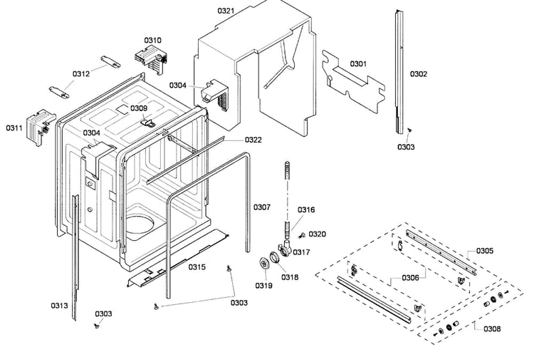 Cabinet Diagram and Parts List for SHE43F12UC 60 Bosch Dishwasher