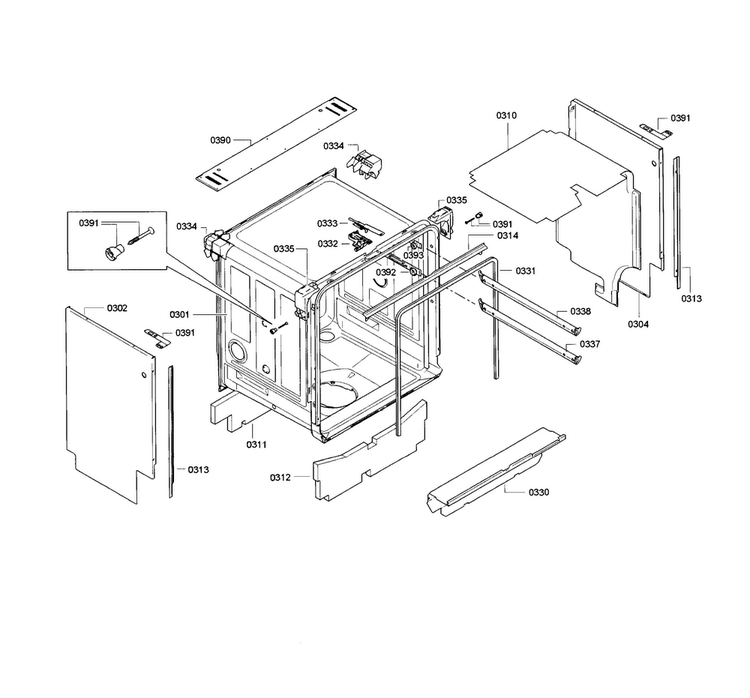 Cavity & Frame Diagram and Parts List for SGE63E15UC 86 Bosch Dishwasher