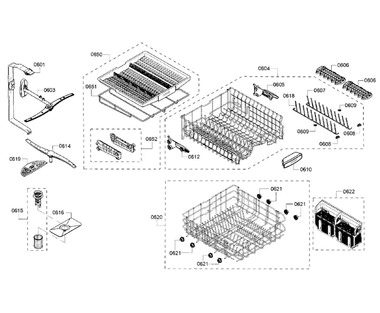 Racks Section Diagram and Parts List for SHP65TL2UC 07 Bosch Dishwasher