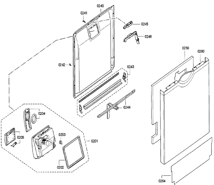 Door Diagram and Parts List for SGE68U55UC A5 Bosch Dishwasher