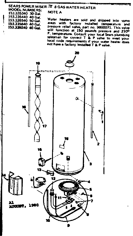 Replacement Parts Diagram and Parts List for 153339240  Kenmore Water Heater