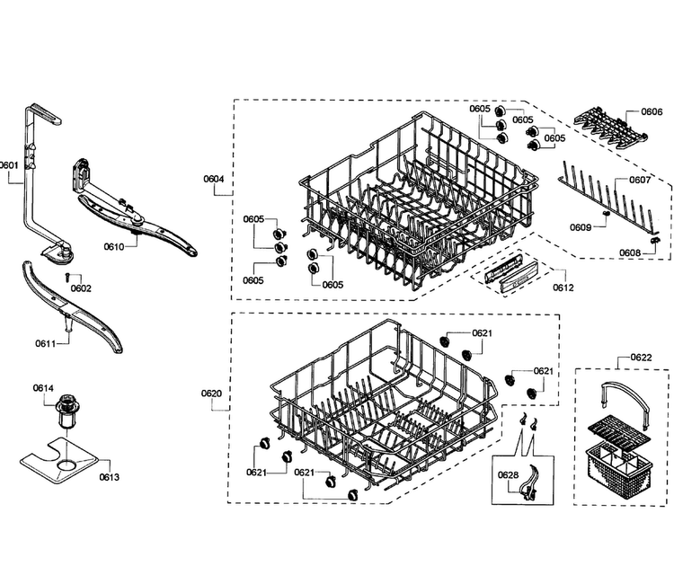 Baskets Diagram and Parts List for SHE43P06UC 61 Bosch Dishwasher