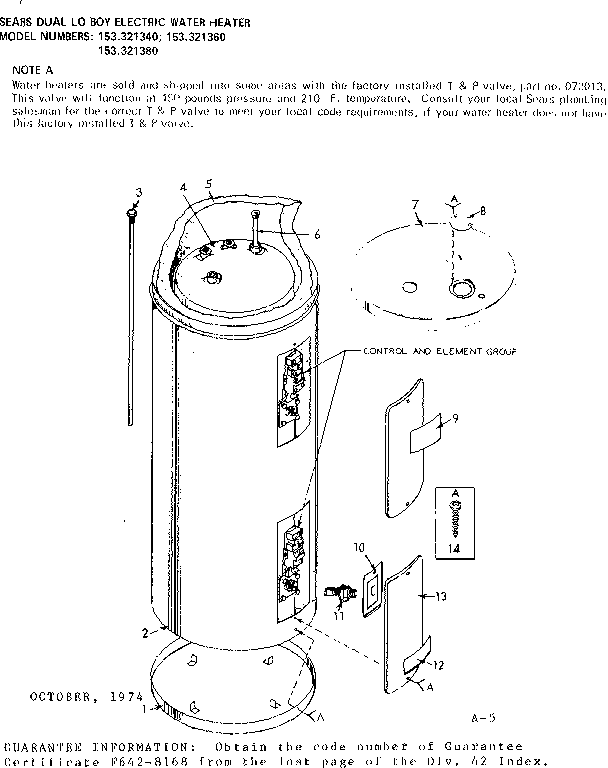 Non-functional Replacement Parts Diagram and Parts List for 153321380  Kenmore Water Heater