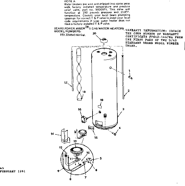 Replacement Parts Diagram and Parts List for 153334540  Kenmore Water Heater