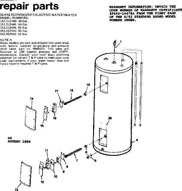 Replacement Parts Diagram and Parts List for 153312440  Kenmore Water Heater