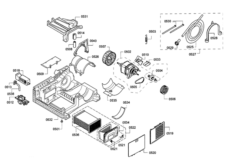 Base & Motor Assy Diagram and Parts List for WTB86200UC 02 Bosch Dryer