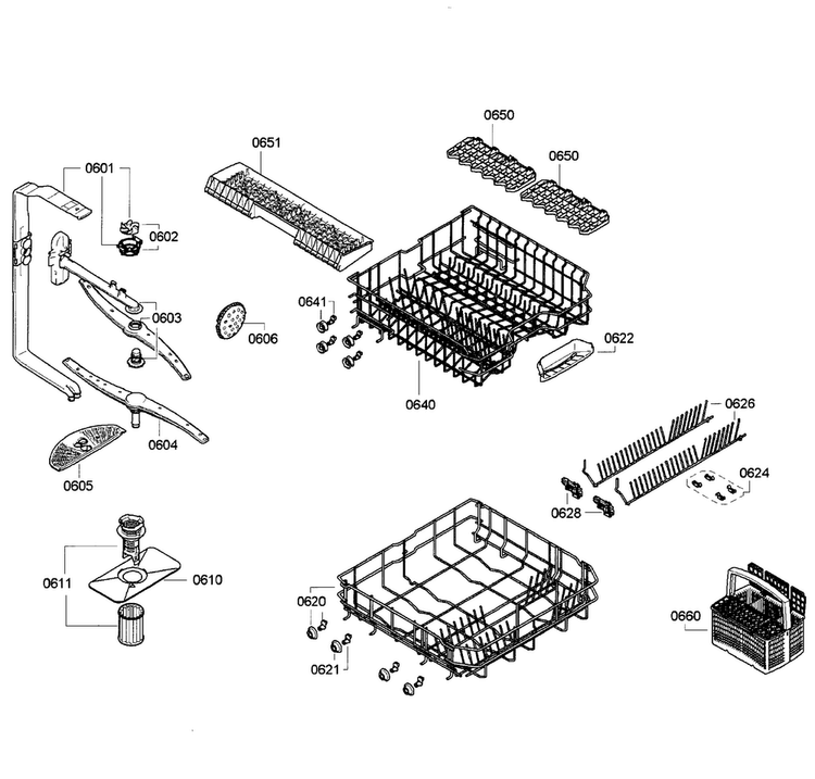 Baskets Diagram and Parts List for SGE63E05UC 29 Bosch Dishwasher