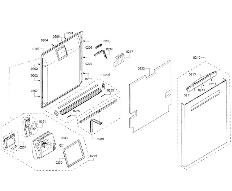 Door Diagram and Parts List for SHP68T55UC 01 Bosch Dishwasher