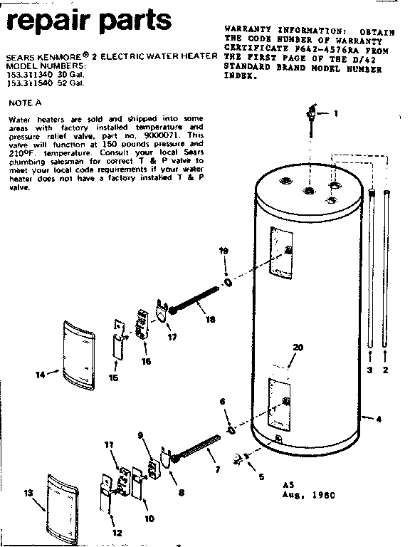 2 Electric Water Heater Diagram and Parts List for 153311540  Kenmore Water Heater