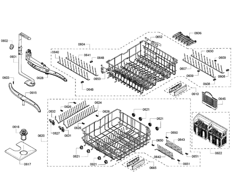 Baskets Diagram and Parts List for SHE55M15UC 64 Bosch Dishwasher