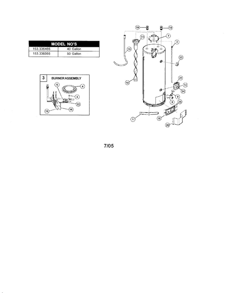 Water Heater Diagram and Parts List for 153336520  Kenmore Water Heater