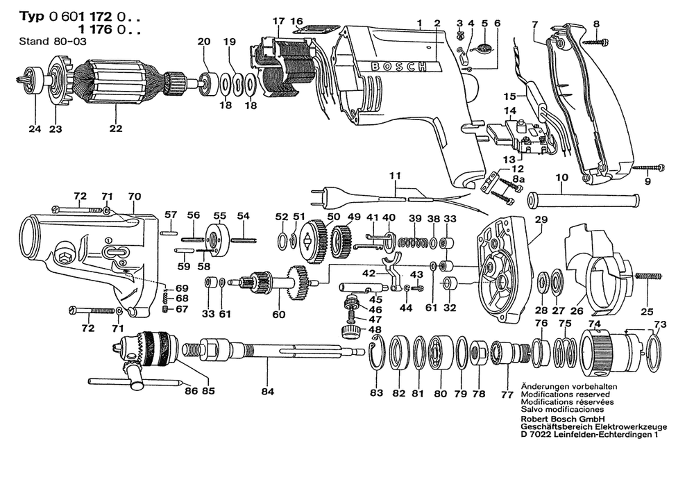 Section 1 Diagram and Parts List for 0601176045  Bosch Hammer Drill
