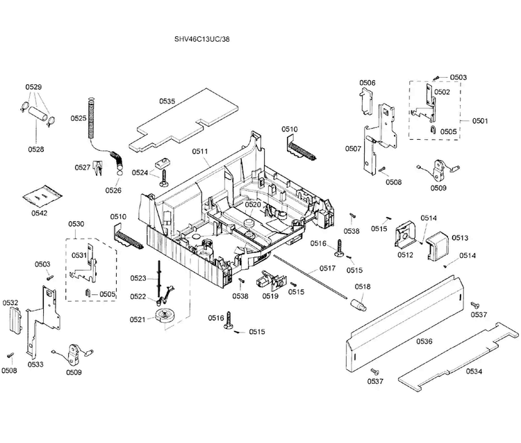 Base Assy Diagram and Parts List for SHV46C13UC 38 Bosch Dishwasher