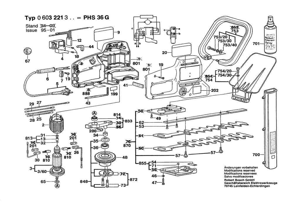 Section 1 Diagram and Parts List for PHS36G 0603221350 Bosch Hedge Trimmer