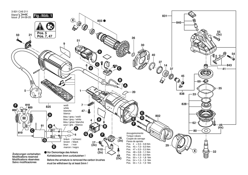 Section 1 Diagram and Parts List for 3601CA6211  Bosch Angle Grinder