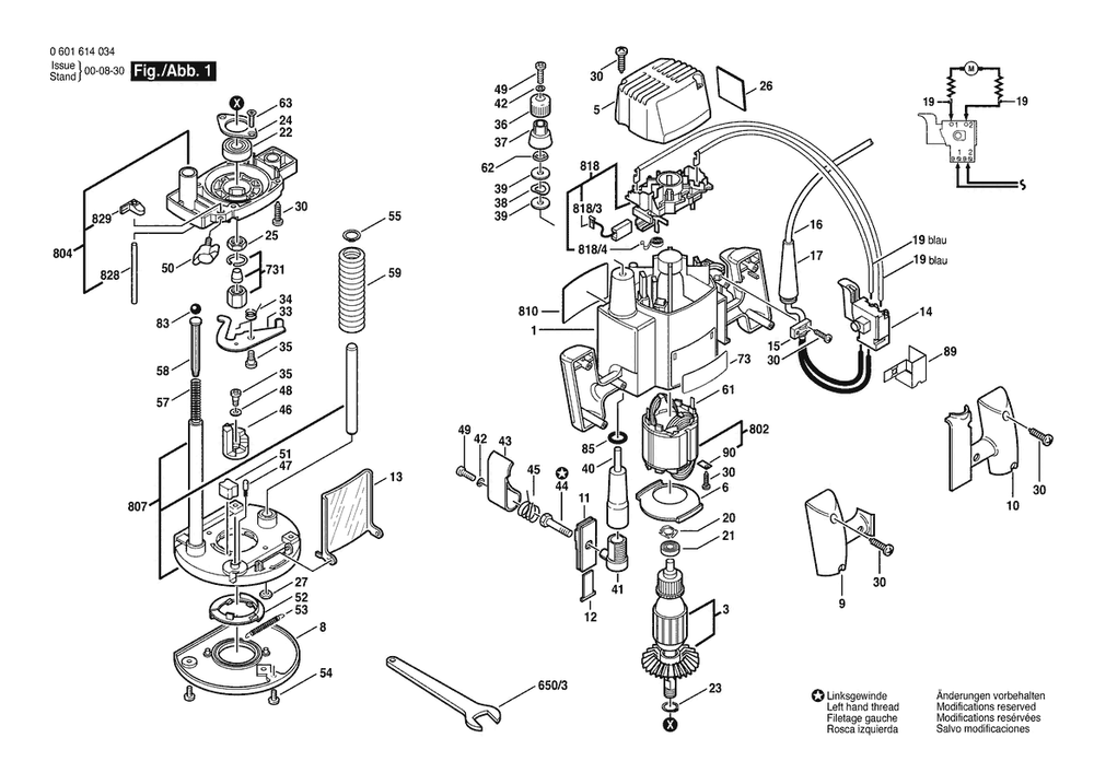 Section 1 Diagram and Parts List for GOF900A 0601614034 Bosch Router