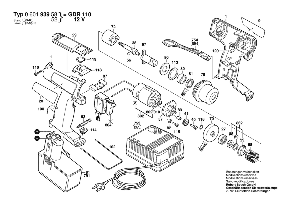 Section 1 Diagram and Parts List for GSB12VES-2 0601939682 Bosch Hammer Drill