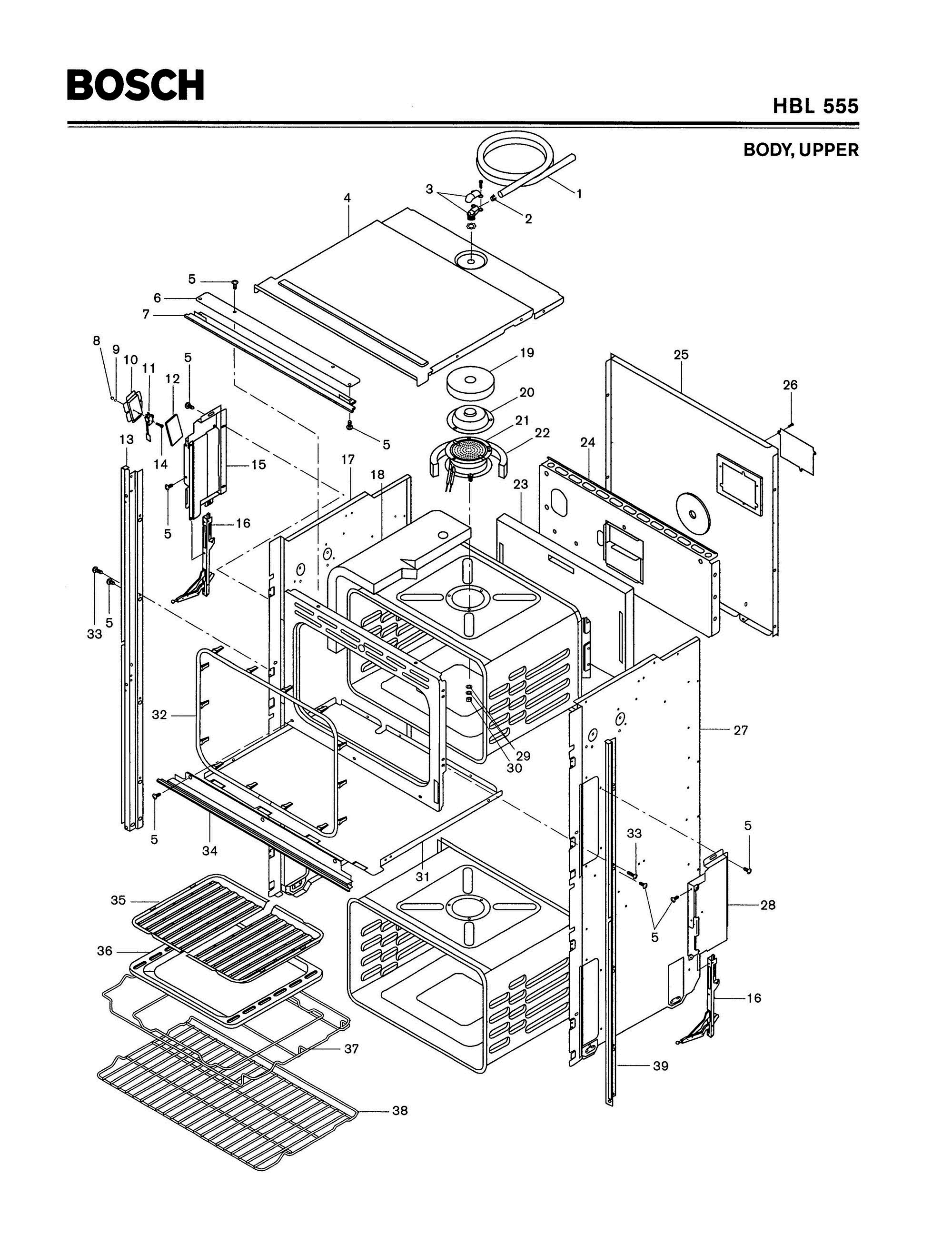 01 - BODY, UPPER Diagram and Parts List for HBL555  Bosch Range