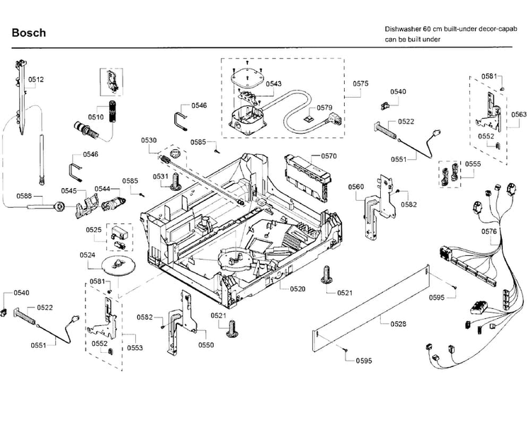 Base Diagram and Parts List for SHE65T55UC 09 Bosch Dishwasher