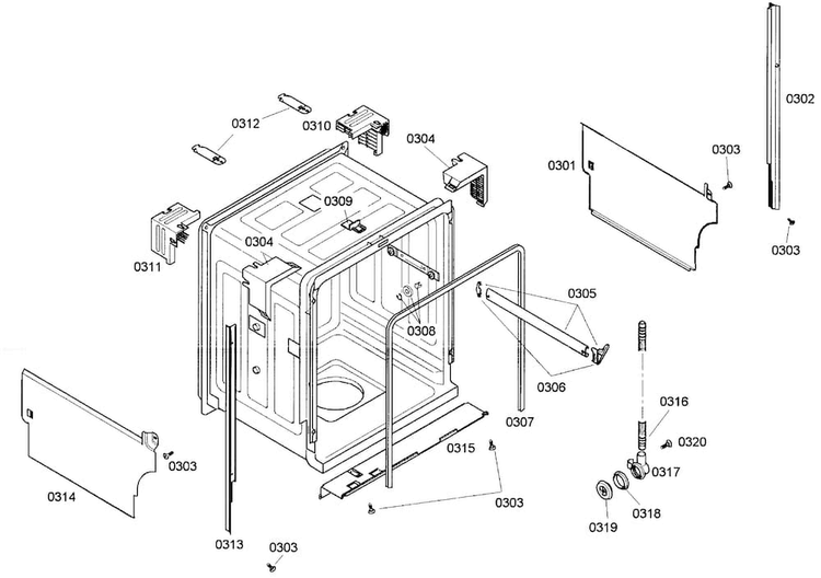 Cabinet Diagram and Parts List for SHE33M02UC 48 Bosch Dishwasher