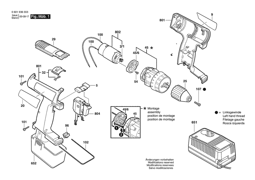 Section 1 Diagram and Parts List for 0601936453  Bosch Screwdriver